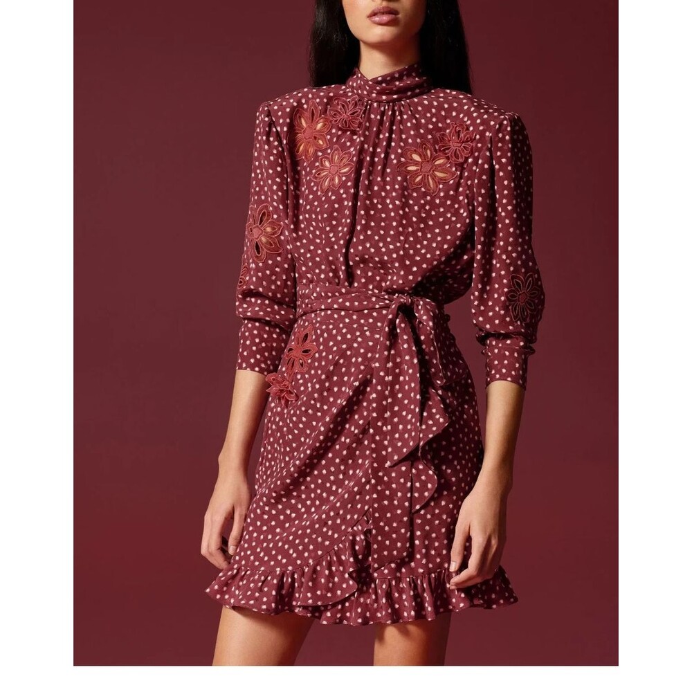 Rebecca Taylor Blurry Heart Silk Embroidered Dress in crimson Size 6